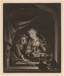 Egérfogóval szolgáló szobalány alkotó: Nicolaas Verkolje after Gerrit Dou
