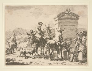 Untitled – Műfaji jelenet emberekkel szamáron és sírkővel alkotó: Nicolaes Berchem