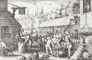 17. századi holland falusiak kötelet készítenek alkotó: Nicolaes Jansz Visscher
