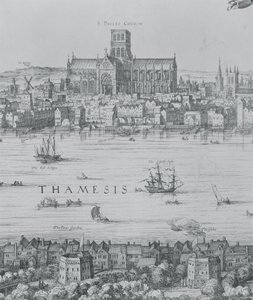 Panoráma Londonról és a Temzéről, részlet a második részből, amely bemutatja a Szent Pál-székesegyházat és a Globe Színházat, 1600 körül a 7214-es metszet részlete