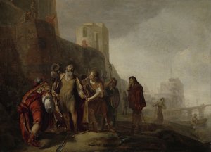 Nagy Sándor legátusai Abdalonymus kertészbe ruházzák a szidoni királyság jelvényét, 1649 alkotó: Nicolaes Knüpfer