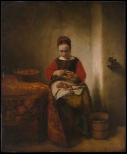 Fiatal nő hámozó alma alkotó: Nicolaes Maes