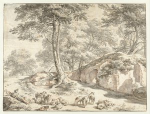 Pásztor juhokkal a fák közötti romnál alkotó: Nicolaes Pietersz Berchem