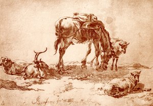 Legelő szamárral, kecskével és juhokkal