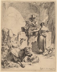 A szökőkúton ülő pásztor és a fonó alkotó: Nicolaes Pietersz Berchem