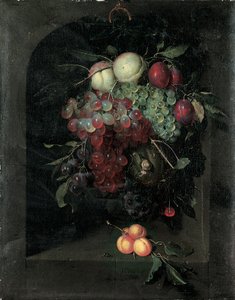 Koracs szőlő, őszibarack, szilva és cseresznye egy csigával egy kőfülkében, egy csomó sárgabarack és méh a párkányon, 1666 alkotó: Nicolaes Van Gelder