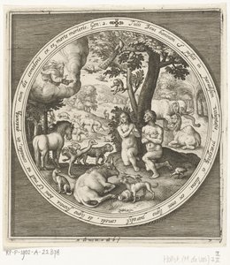A teremtés hetedik napja: Ádám és Éva a paradicsomban A teremtéstől a Paradicsomból való kiűzetésig (sorozat címe) alkotó: Nicolaes de Bruyn