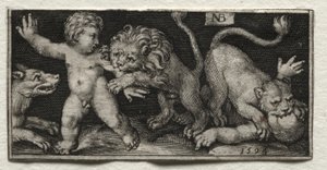 Az oroszlánok gyerekekre támadnak, 1594. alkotó: Nicolaes de Bruyn