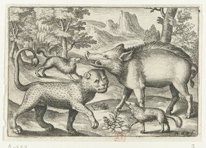 Leopárd, vaddisznó és két kutya Animalivm qvadrvpedvm (sorozat címe) Állatok a tájakon (sorozat címe) alkotó: Nicolaes de Bruyn