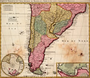 Paraguay, Chile, a Magellán-szoros és Tierra del Fuego térképe Dél-Amerikában, 1720 körül (színes metszet) alkotó: Nicolaes the Younger Visscher