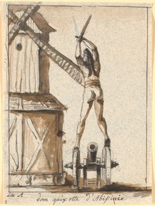 Don Quijote, ágyún áll, a malompengéjéhez emelt karddal alkotó: Nicolai Abildgaard