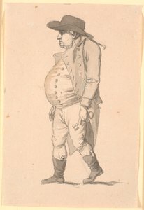 Kövér hasú férfi karikatúrája balra sétál, bal kezében egy nagy kulcsot tartva alkotó: Nicolai Abildgaard