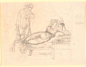 Leszbia és Catullus. Leszbia fekvő helyzetben, bal kezében egy madarat tart. Catullus mögötte áll