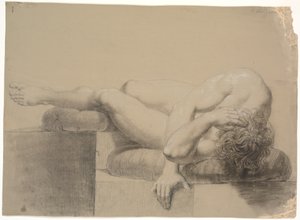 Vízszintes modell. Bal felé. A fej és a törzs egy párnán nyugszik, a lábak felemelve és a bal láb egy másik párnán nyugszik alkotó: Nicolai Abildgaard