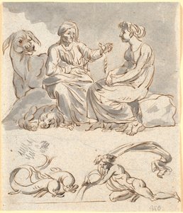Apuleius „Az arany szamár” 4. könyvének jelenetvázlata. A rablóbanda házvezetőnője elmeséli a fiatal lánynak Ámor és Psyché mítoszát. Lent egy delfinpár és egy meztelen alak, esetleg Vízöntő – február és január égi jele alkotó: Nicolai Abildgaard