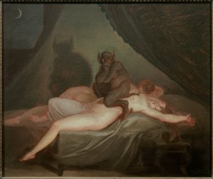 A rémálom. Egy ördög ül az éjszaka közepén alvó meztelen nő testén. Nicolas Abraham Abildgaard (1743-1809) festménye EC.Dan.