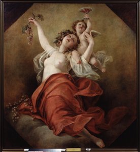 Bacchante (Bacchante). Egy csupasz mellkasú nő szőlőfürtöket tart egy angyallal, aki egy csésze vörösbort cipel. Nicolai Apollonovich Malkov (1794-1873) festménye, olaj, vászon
