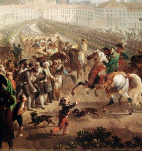 A Bonaparte Napóleon parancsnoksága alatt álló francia hadsereg 1805. október 24-én belép Münchenbe. (Részletfestmény