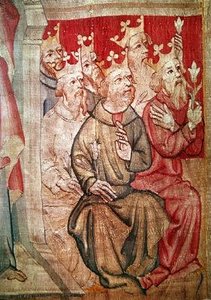 Az apokaliptikus fenevadakkal és a huszonnégy vénnel együtt trónoló Krisztus részlete, no. 4. kép az Angers-i apokalipszisből, 1373-87 (83991 részlet) alkotó: Nicolas Bataille