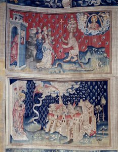 Jelenések akasztása (1373-1383), n. 42: A Bete imádata (?). N. 49: Babilon bukása. Nicolas Bataille (1330-1405) kárpitja alkotó: Nicolas Bataille