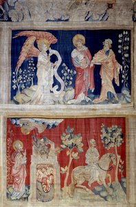 A Jelenések akasztása (1373-1383), 6. és 10.: 6. magas: János sír, amiért nem tudja kinyitni a könyvet, egy öreg a konzolt; 10. alacsony: A halál a szenvedés helyét hagyja maga mögött). Nicolas Bataille (1330-1405) kárpitja alkotó: Nicolas Bataille