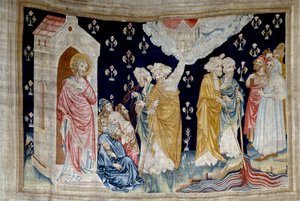 Jelenések akasztása (1373-1383), n. 28: a csoda. Fideles Isten szolgái és prófétái nézik a vérré változott folyót. Nicolas Bataille (1330-1405) kárpitja alkotó: Nicolas Bataille
