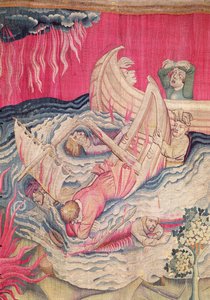 A második trombita és a hajótörés, részlet a süllyedő hajókról, 21. szám Angers apokalipsziséből, 1373-87 gobelin alkotó: Nicolas Bataille
