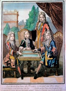 XIV. Lajos (1638-1715), Lajos burgundiai herceg († 1712), Philippe, Anjou hercege (1683-1746) és Károly Berry herceg unokái apjukkal, Lajossal († 1711) delfinnel Franciaország, tric trac-ot játszik (Trictrac vagy Trictrac: a backga őse
