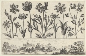 Vízszintes tábla virágsorral a fríz felett, figurákkal egy tájban, Li..., 1645.