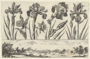 Vízszintes tábla virágsorral a fríz felett, vadászjelenettel a tájban,..., 1645.
