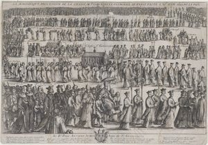 A Szent Genevieve-koporsó körmenete, klerikusok és laikusok vonulnak fel hat sorban..., 1652.