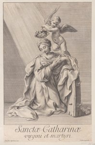 Alexandriai Szent Katalin térdel, könyökével a tüskés keréken nyugszik, és egy..., 1698. alkotó: Nicolas Dorigny