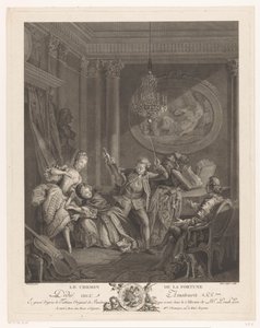 Egy hegedűs és két fiatal nő egy belső térben, egy ülő férfi néz Le Chemin de la Fortune (cím a tárgyon) alkotó: Nicolas Joseph Voyez