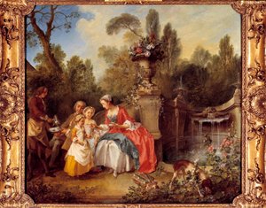 Egy nő a kertben kávézik a gyerekekkel vagy egy csésze csokoládé Nicolas Lancret (1690-1743) festménye alkotó: Nicolas Lancret