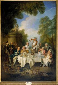 A sonkajelenet vidéki bankett ebédje egy sonka körül a nemességben. Nicolas Lancret (1690-1743) festménye 1735. V 1,8x1,2 m Chantilly, Conde múzeum