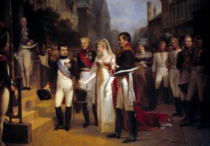Bonaparte Napóleon császár (1769-1821) Tilsitben (Tilsitt) fogadta Lujza porosz királynőt 1807.07.06-án. A lépcsőn Talleyrand diplomata várja. Nicolas Louis Gosse (1787-1878) festménye 1837 V. 3,51x4,92 m Versailles, musee du Chateau - The