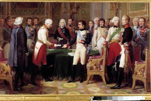 Erfurti interjú, 1808. szeptember 27. - október 14.: I. Napóleon fogadja Vincent bárót, osztrák diplomatát, akit az osztrák császár küldött. A két szereplő között középen a Talleyrand Perigord-i Charles Maurice-t (1754-1838) láthatjuk. Fájdalom