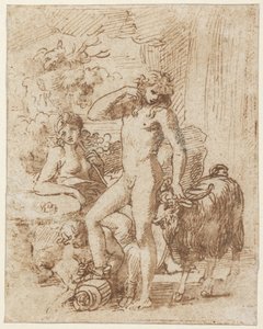 Bacchus és Erigone (toll és tinta mosással papíron) alkotó: Nicolas Poussin