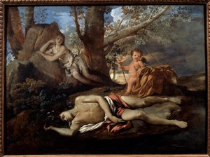 Visszhang és nárcisz illusztráció a legendához, amely Ovidiust inspirálta Nicolas Poussin (1594-1665) festménye „" Les Metamorphoses" című festményében, 17. századi nap. 0,74x1 m Párizs, alkotó: Nicolas Poussin