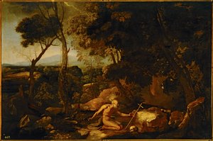 Tájkép Szent Jeromossal ... (festmény, vászon) alkotó: Nicolas Poussin