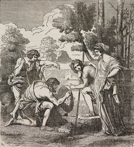 Arcadia pásztorai, Nicolas Poussin festménye után, illusztráció a Universal Theatre enciklopédikus és szcenográfiai gyűjteményéből, 512. szám, május 4. alkotó: Nicolas Poussin