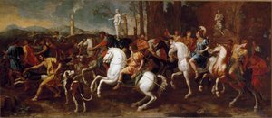 A Meleager vadászata. A görög mitológia hősei, amelyek a calydoni vaddisznó vadászata során híresek. Nicolas Poussin festménye alkotó: Nicolas Poussin