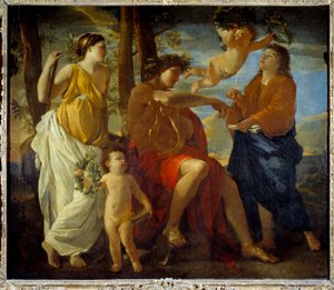 Az Un poete költő inspirációját, babérkorona kezében és fejdíszében lírát múzsák és putti veszik körül. Nicolas Poussin festménye alkotó: Nicolas Poussin