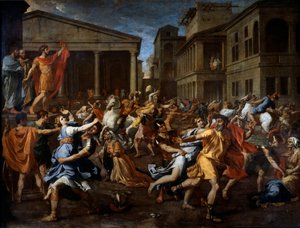 A szabinok eltávolítása a rómaiak által. A bal oldali Romulus figyeli a jelenetet. Nicolas Poussin festménye alkotó: Nicolas Poussin