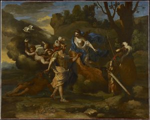 Vénusz, Aeneas anyja, Vulkán által kovácsolt karokkal ajándékozza meg, 1635 körül (olaj, vászon) alkotó: Nicolas Poussin