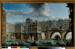 A tengerész játéka a Pont Notre-Dame és a Pont-au-Change között Tengeri játék a párizsi Szajnán. Nicolas Jean Baptiste Raguenet (1715-1793) festménye 1756 Párizs, Musee Carnavalet