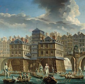 a festmény részlete: A Joute des mariniers a Pont Notre-Dame és a Pont-au-Change között” Tengeri torna a párizsi Szajnán. Nicolas Jean Baptiste Raguenet (1715-1793) festménye 1756 Párizs, Musee Carnavalet