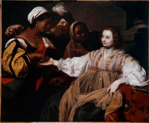 A jósnő Egy nő jött, hogy konzultáljon egy tenyérjósnővel. Nicolas Regnier (1591-1667) festménye V. 1,2x1,5 m