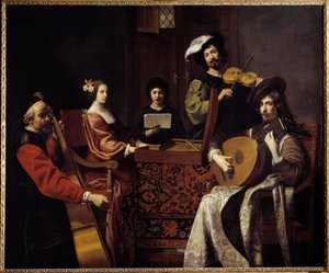 Barokk zene: „” A koncert””” Vonós hangszeren játszó zenészek. Nicolas Tournier (1590-1657) festménye 17. század V. 1,88x2,26 m