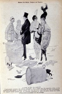 Párizs: a hulladék felhalmozódik az utcán az elegánsan öltözött emberek előtt. H. Tournier illusztrációja a francia sajtóról alkotó: Nicolas Tournier